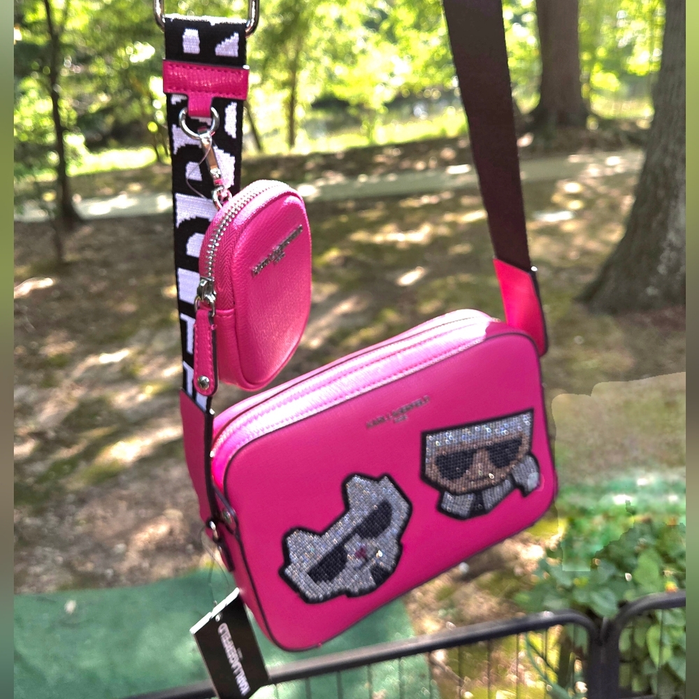 NWT Karl Lagerfeld Hot Pink Crossbody Bag with Embellished Karl & Cat Patches - Picture 4 of 7